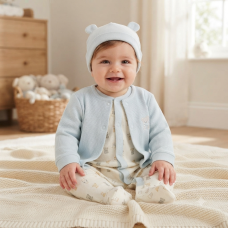 N14751: Baby Boys Waffle Fabric Jacket, All In One & Hat Outfit (0-9 Months)